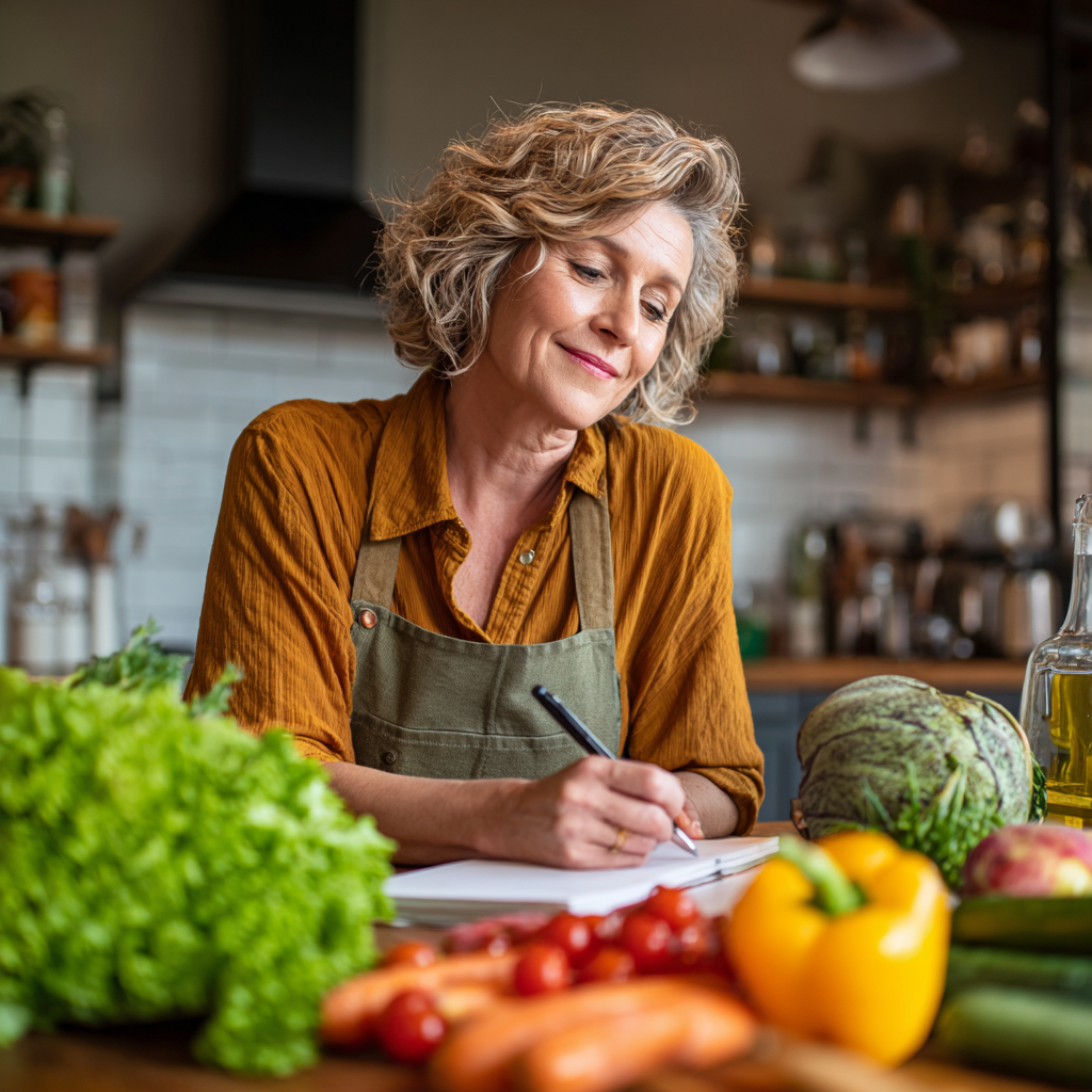 middle-aged woman planning nutritious meals at kitchen table with fresh vegetables